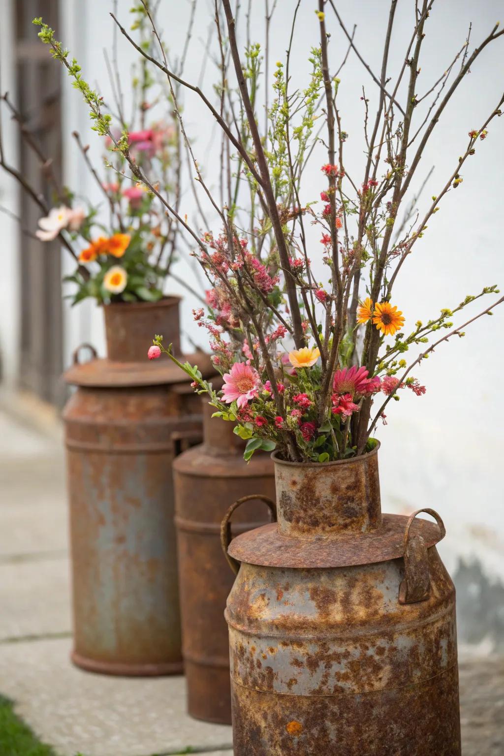 Aged dairy containers contribute rustic appeal as pots for lofty stalks.