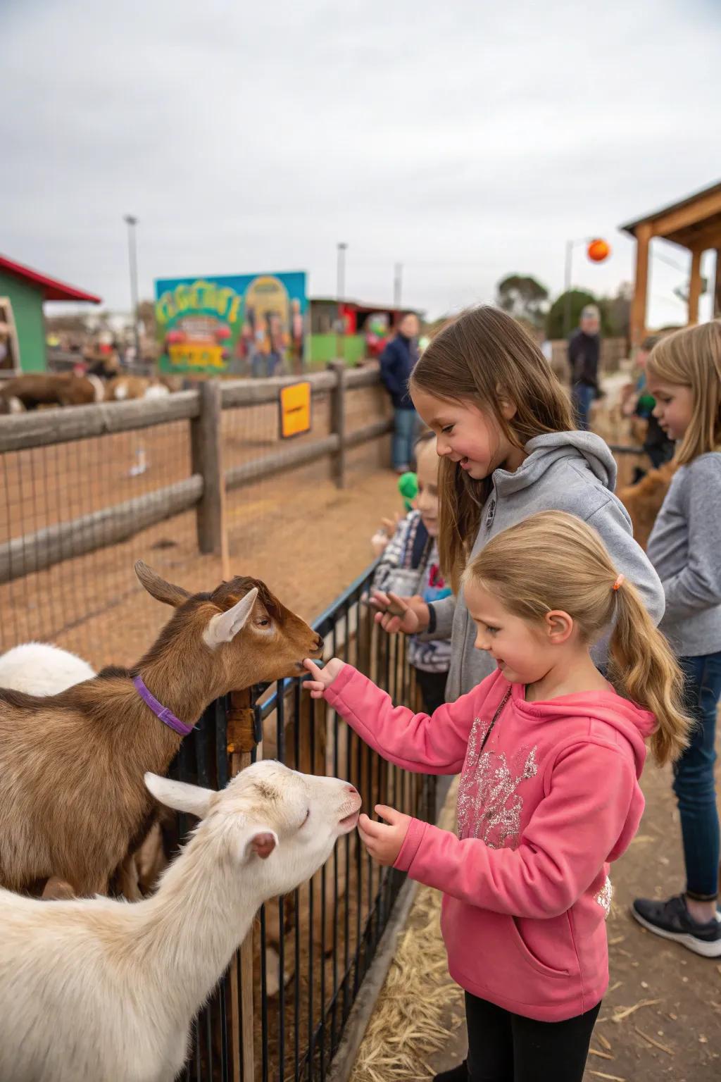 A petting zoo with sheep and goats offers hands-on fun for all ages.