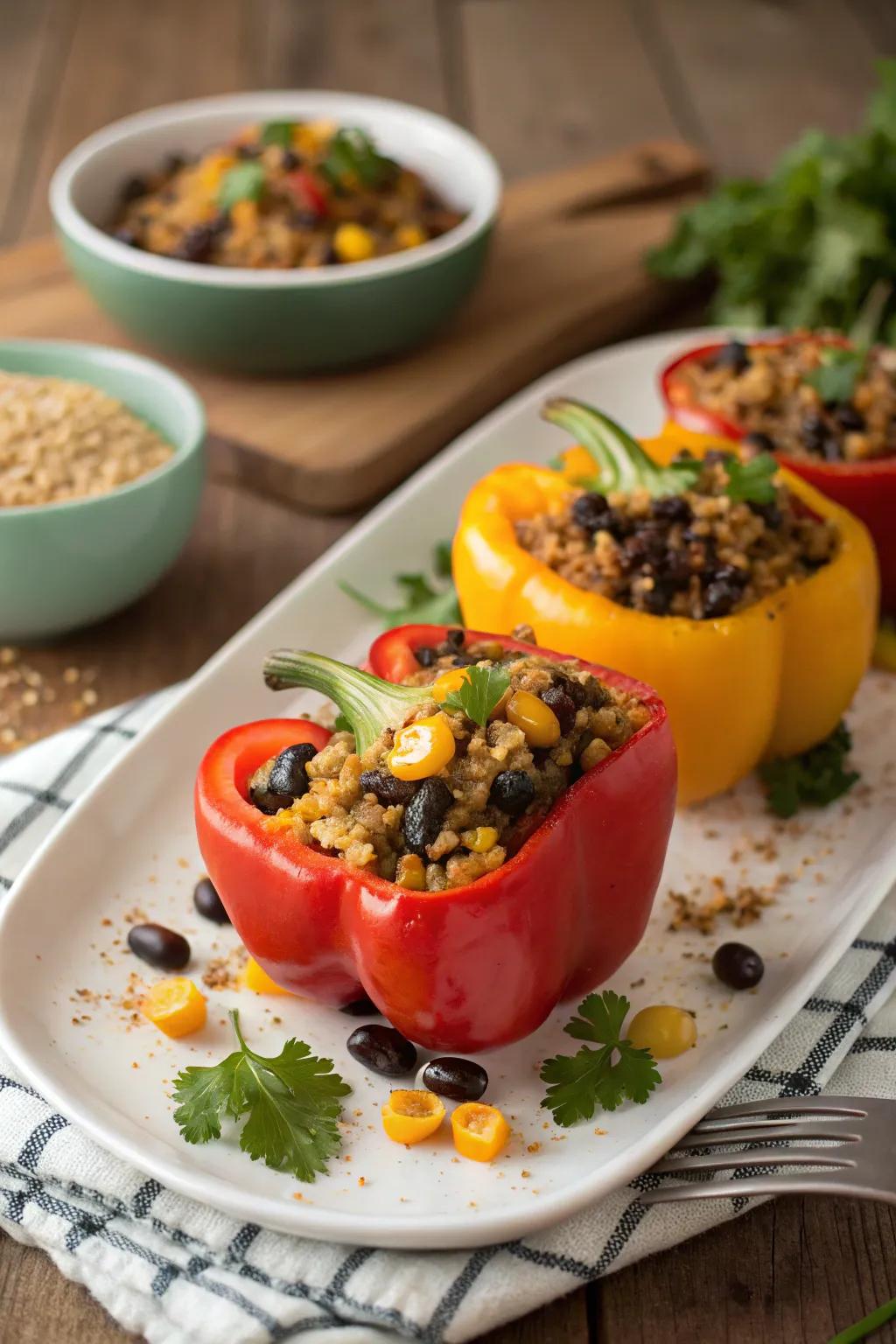 Stuffed bell peppers overflowing with the nutritious goodness of market finds.