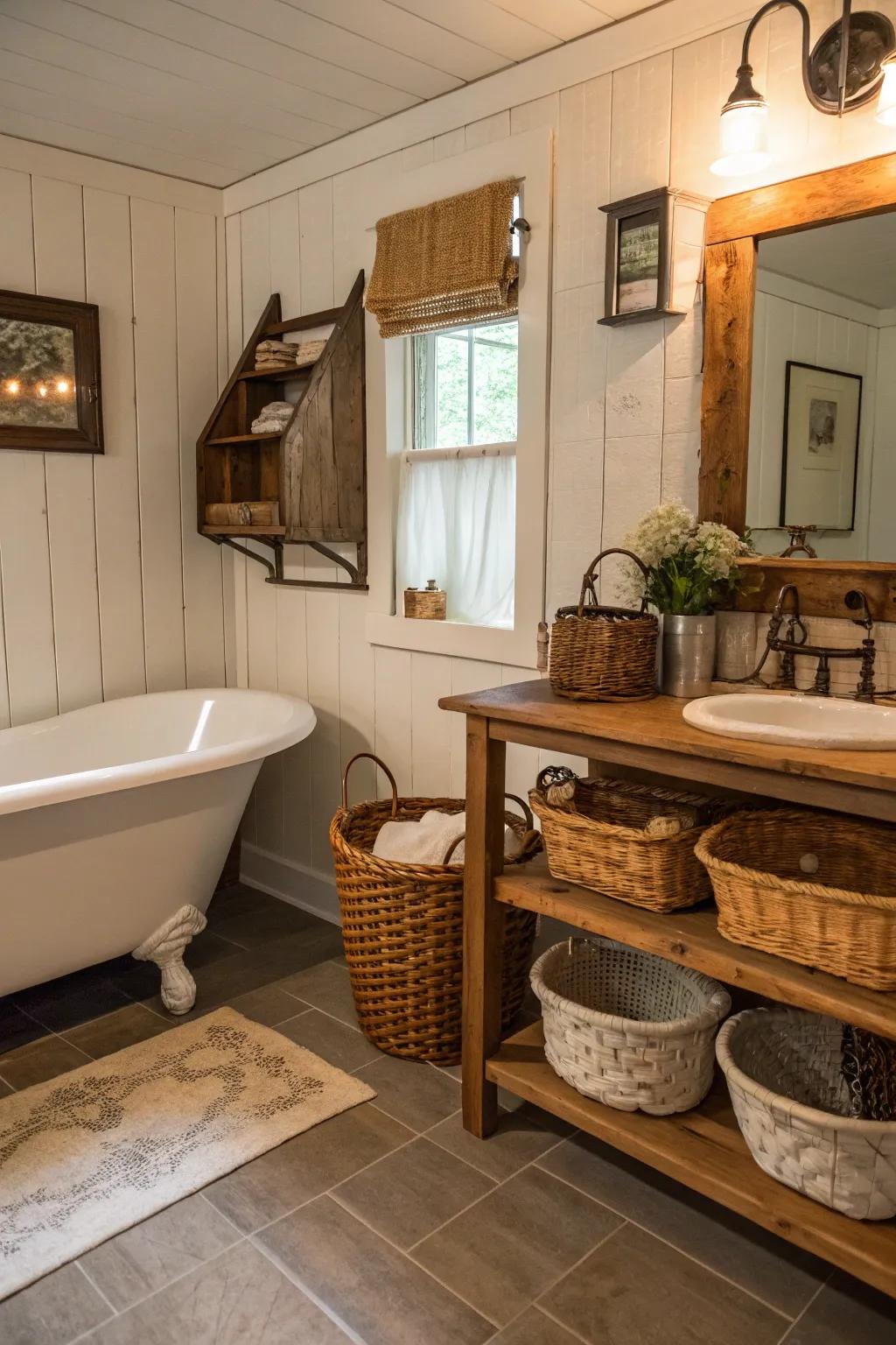 Rustic decor accents enhance the farmhouse sensation of the bathroom.