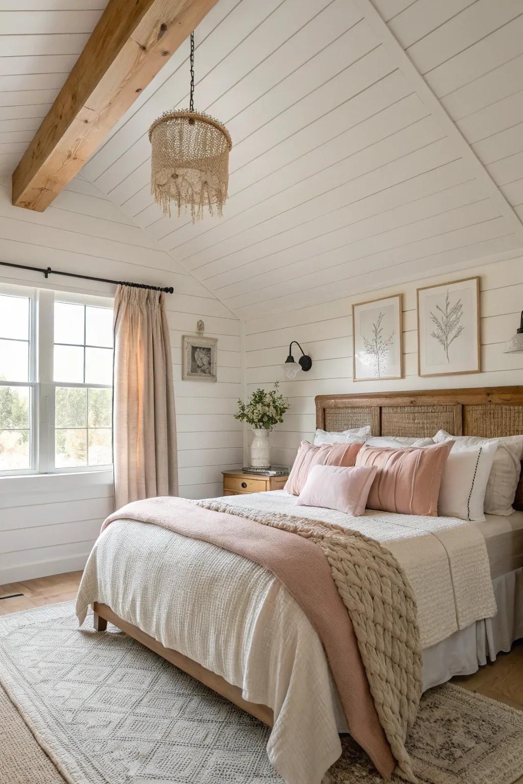 Layered wood paneling ceilings introduce texture and allure to this farmhouse chamber.