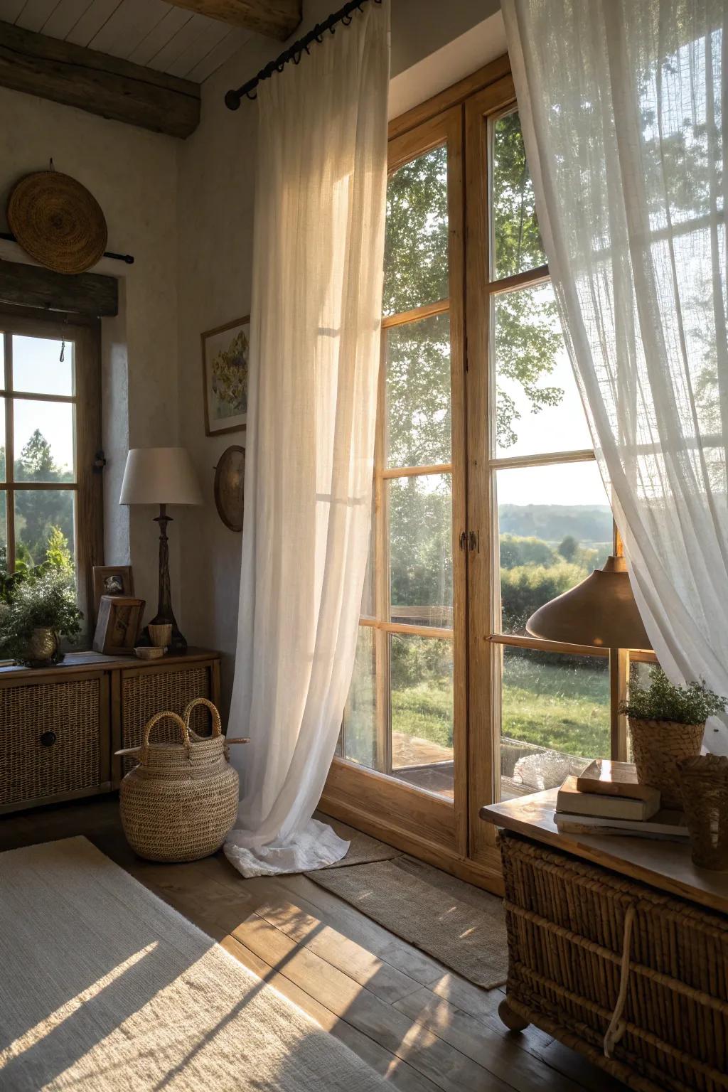 Airy curtains filling a farmhouse living room with natural light.