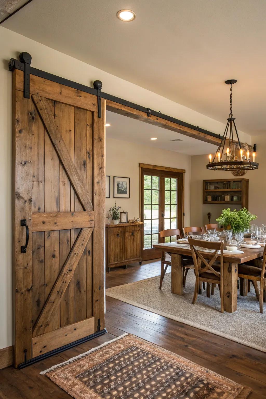 A barn entrance adds individuality and functional style to this farmhouse dining space.