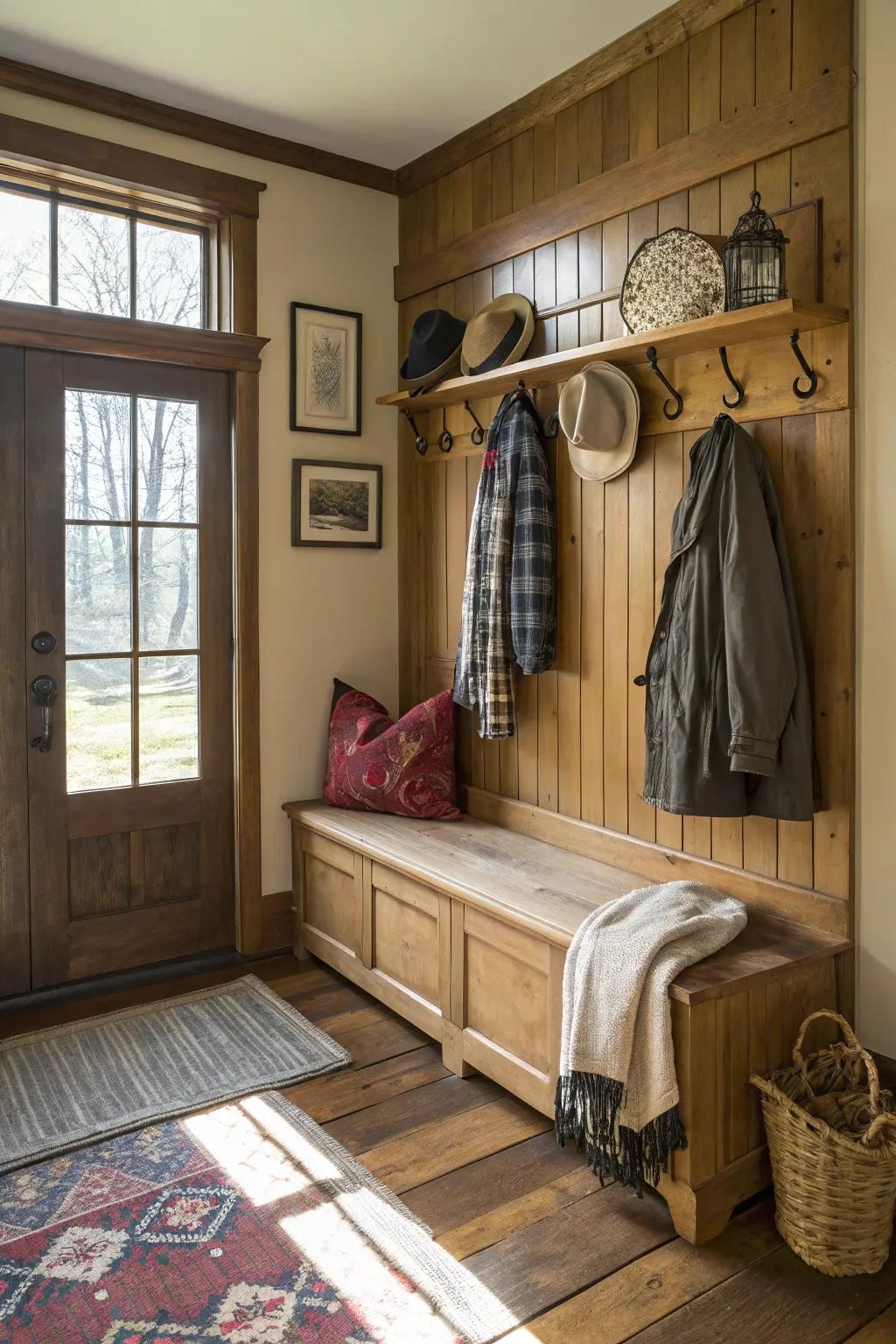 Built-in hooks above a bench provide a functional and stylish touch.