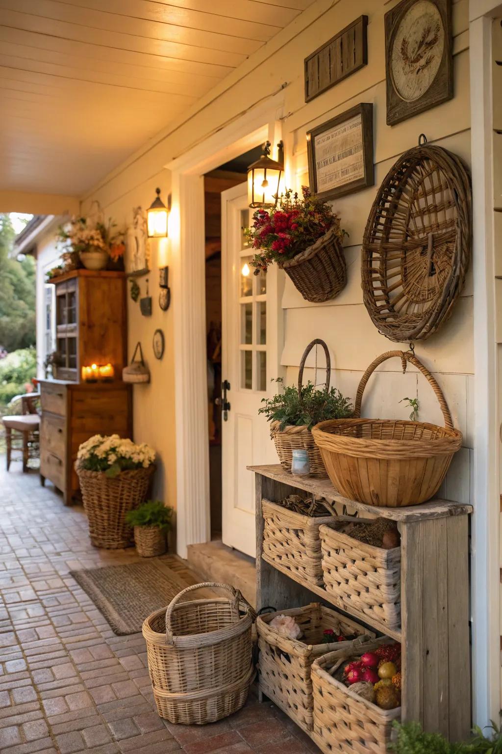 An entryway merging usefulness and style through woven baskets.