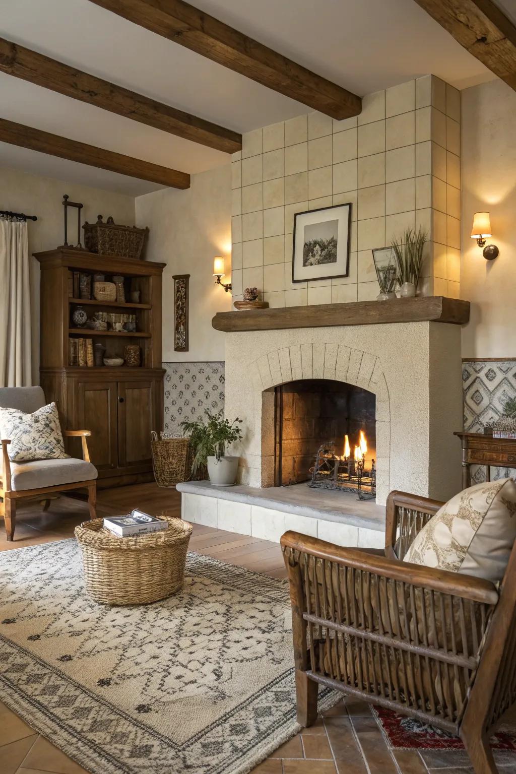 Restrained blocks engendering a serene aura surrounding a farmhouse fireplace.