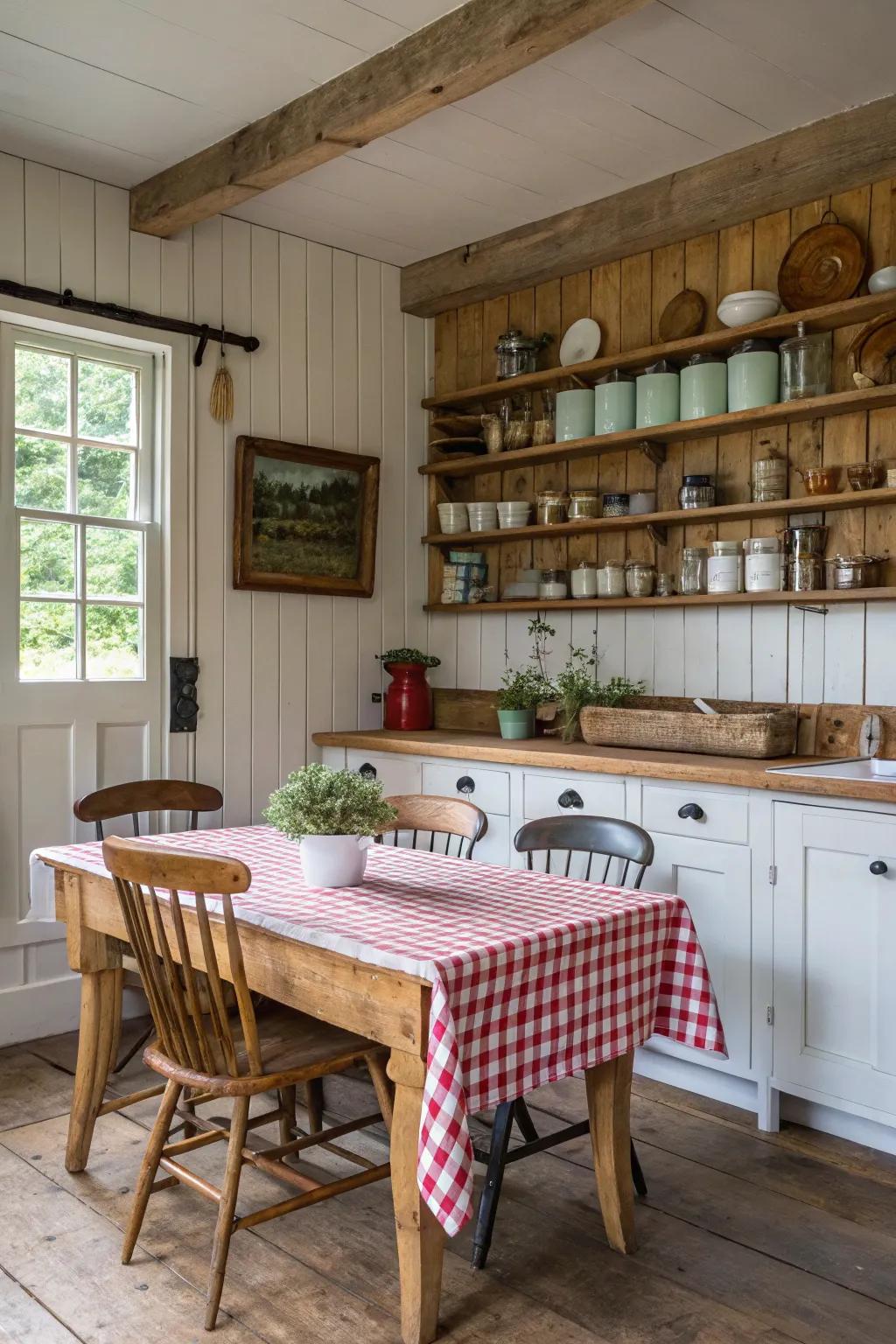 A fusion of timber tones crafting visual depth within a farmhouse cooking area ambiance.