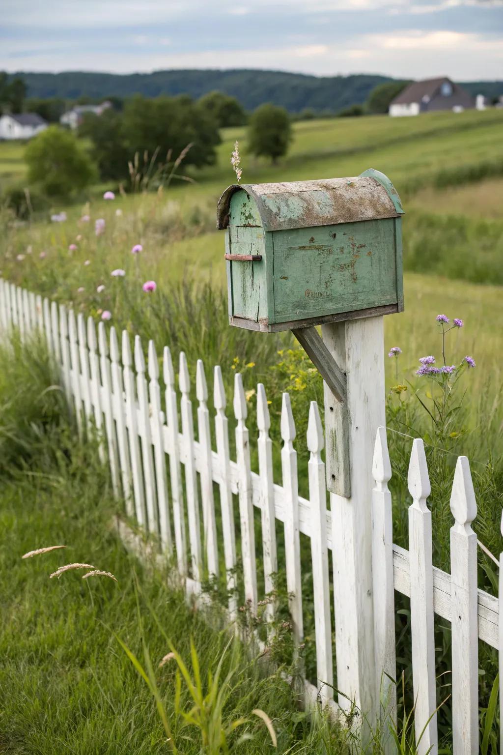 A charming picket fence acts as a beautiful support for this farmhouse mailbox.