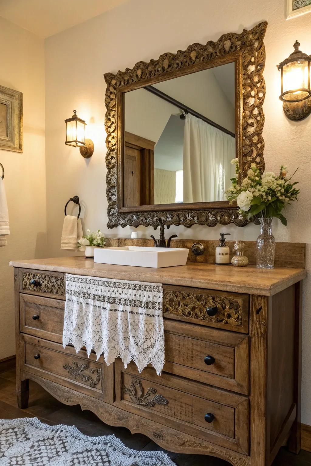 An ornate mirror stands out as a stunning focal point.