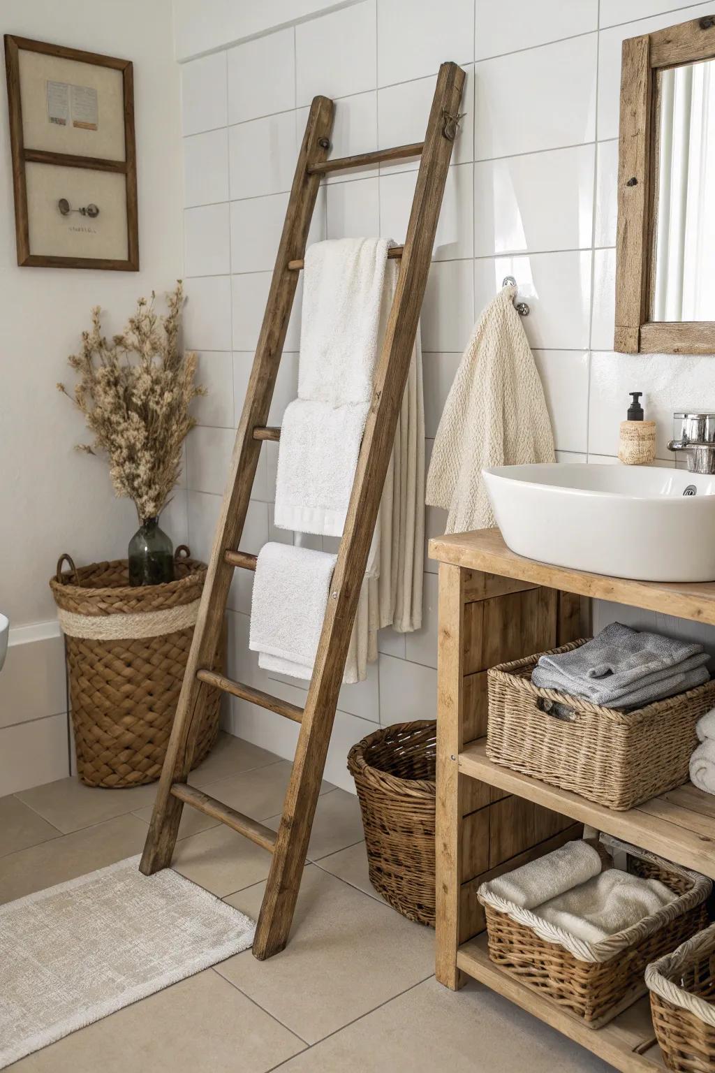 A rustic ladder enhances bathroom organization