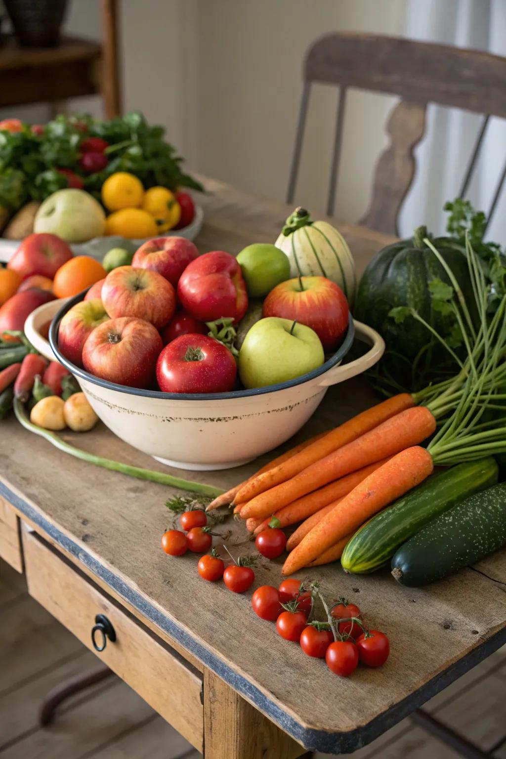 Seasonal fruits and vegetables propose a vibrant and chromatic centerpiece alternative.
