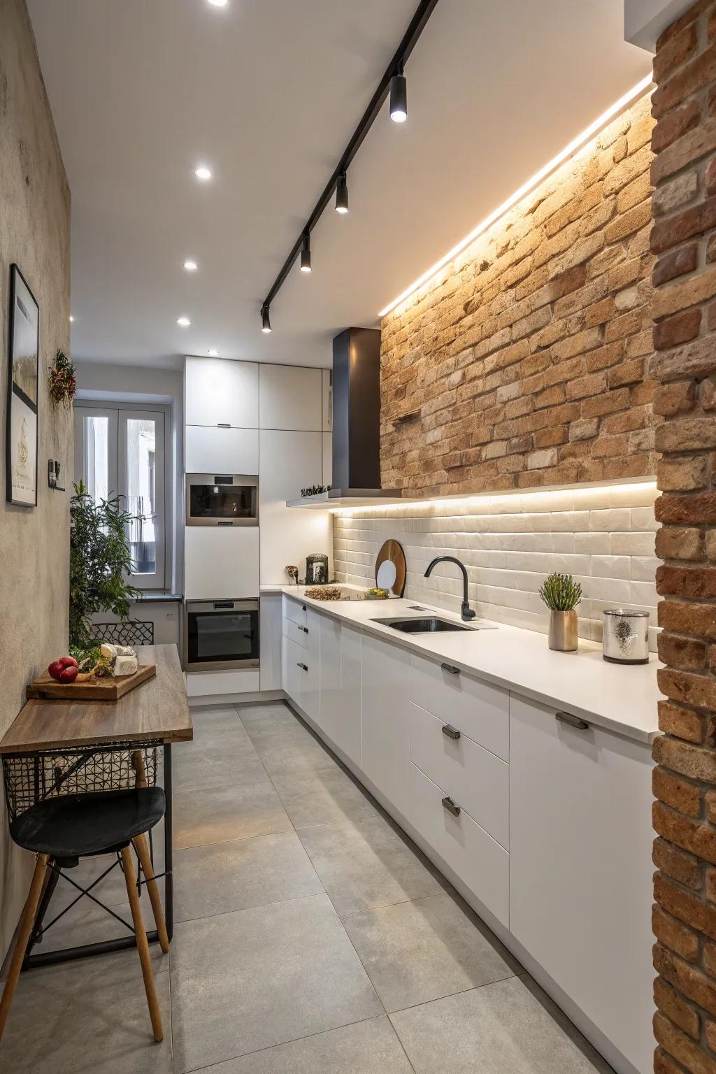An exposed brick wall adds rustic charm to this kitchen.