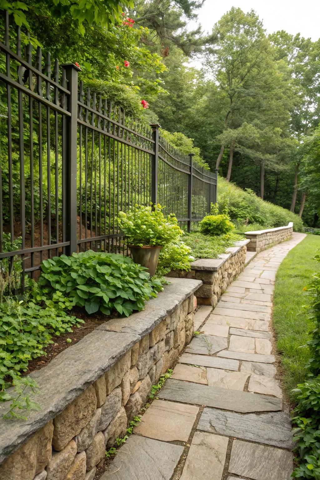 Hardscape elements add structure and visual interest to your fence line.