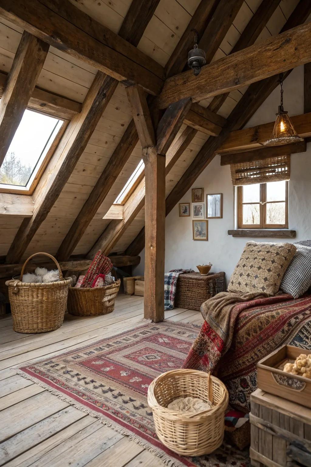 A rustic attic retreat that blends natural elements with cozy design.