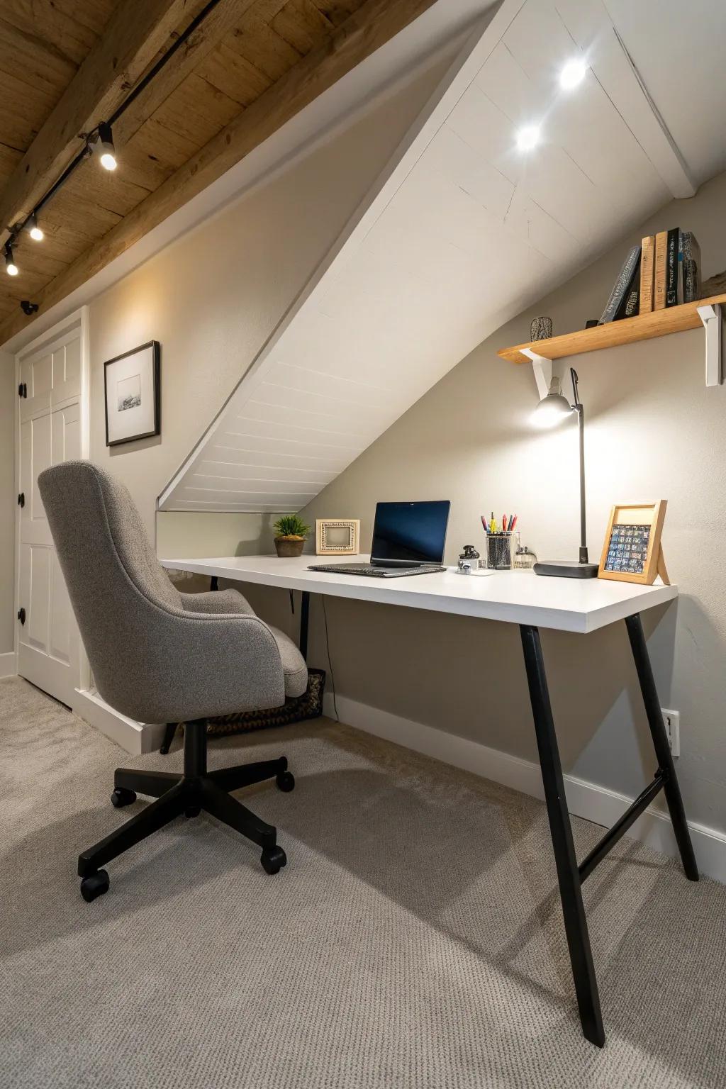 Find focus and output inside a crawl space office.