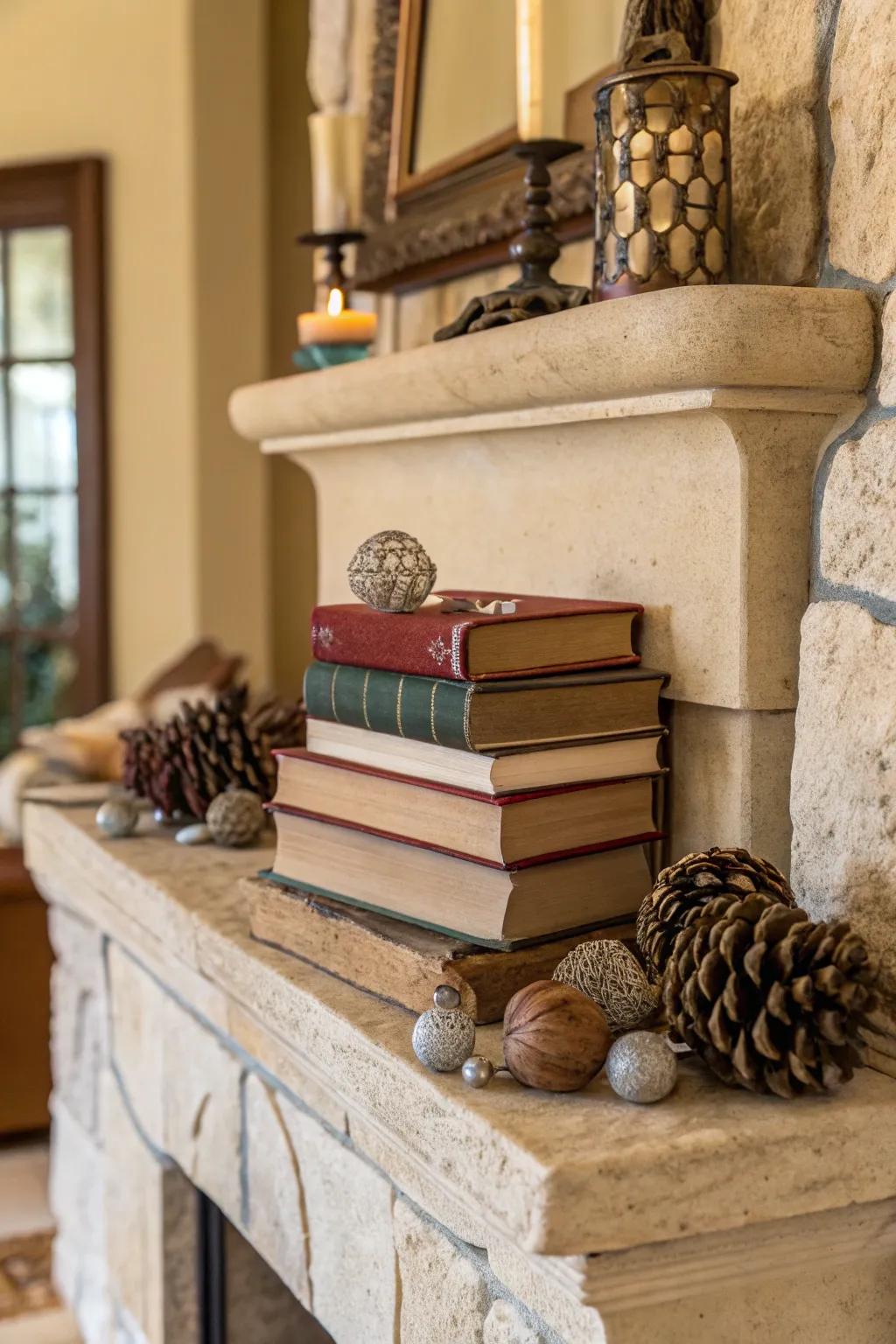 A personal, curated feel is evoked on the mantel through displayed books and ornaments.