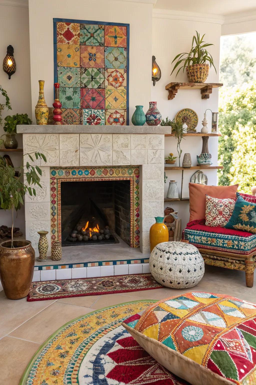 Unconventional mosaic cladding establishes a striking focal element on this fireplace.