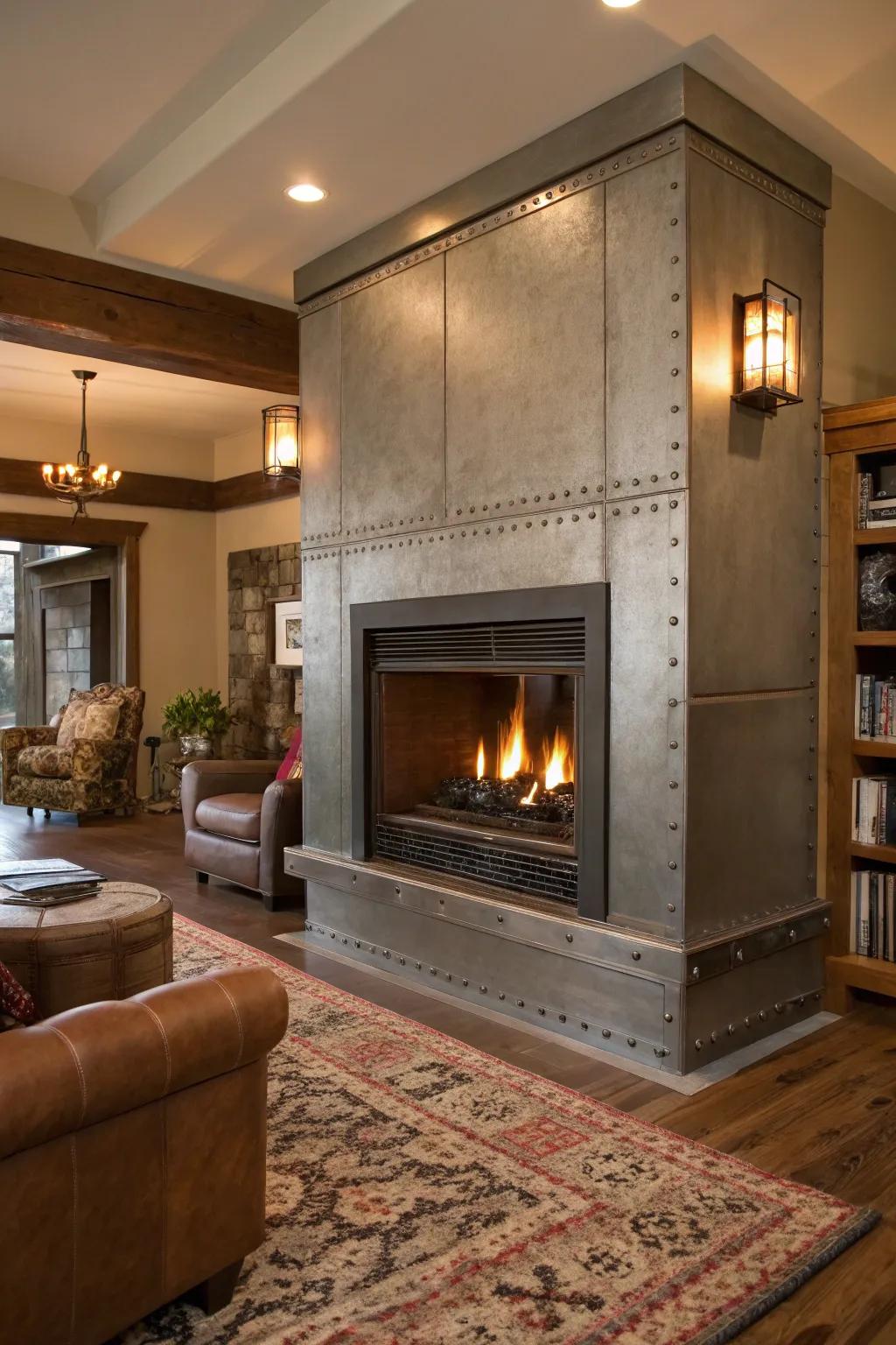 Factory impressions featuring a streamlined steel fireplace perimeter.