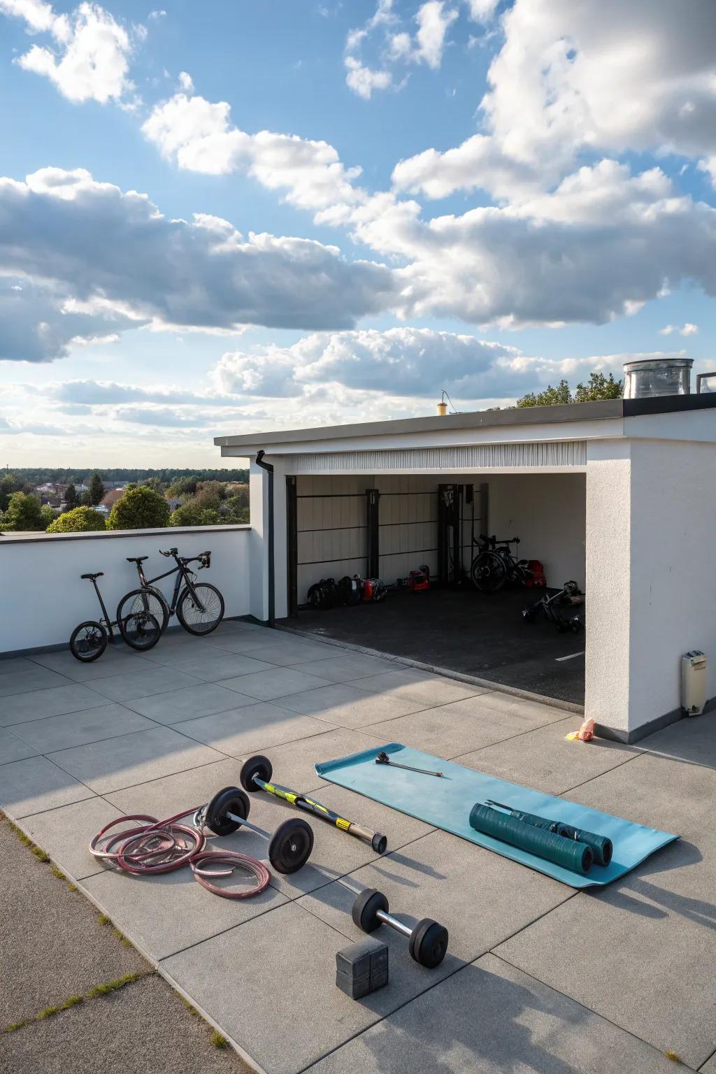 A personal training zone on a flat roof garage provides a unique and inspiring workout area.