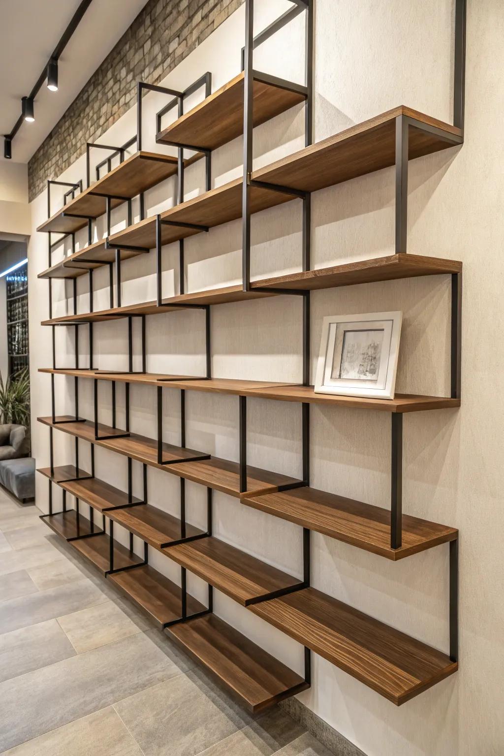 Layered floating shelves adding depth and visual interest.