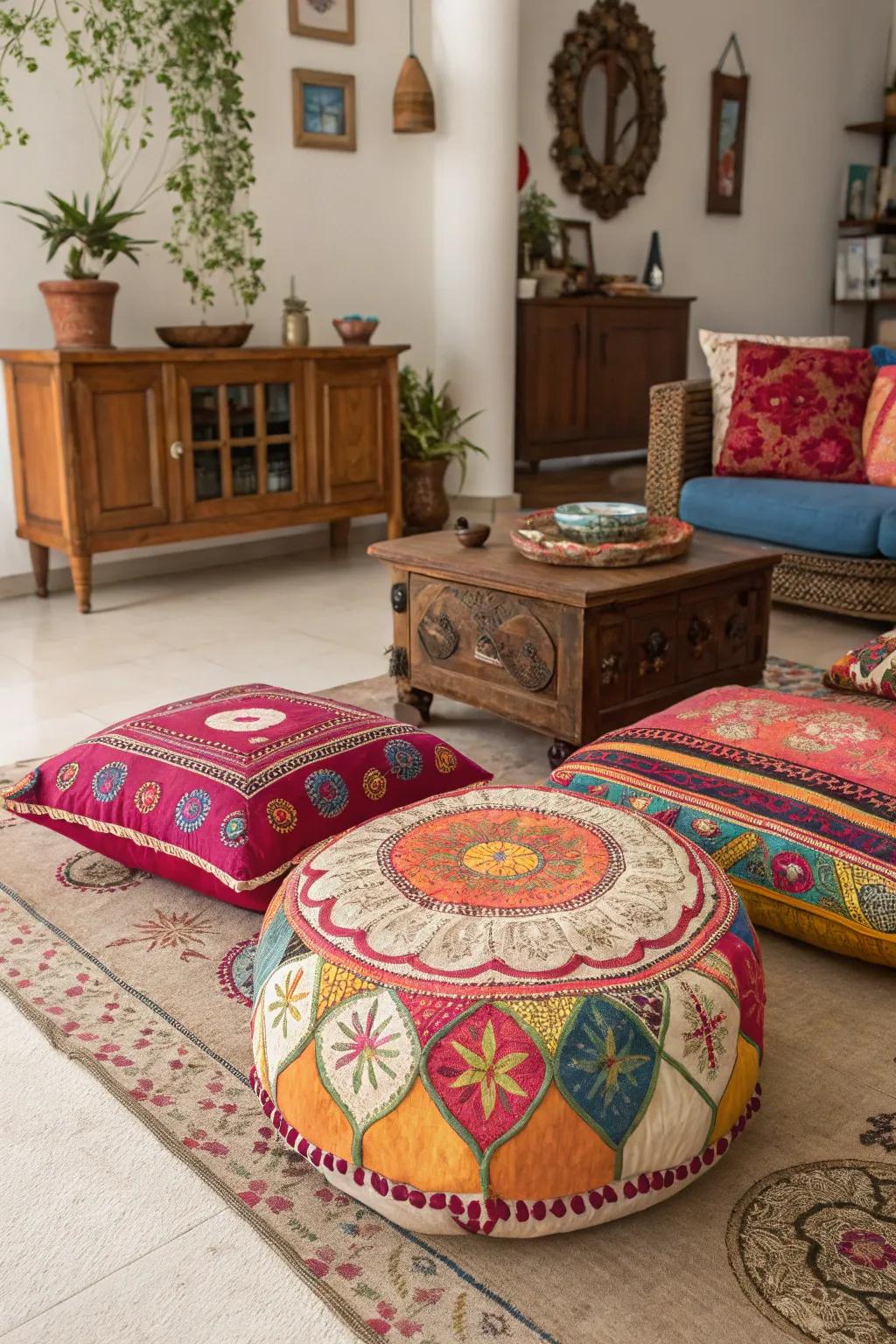 Cultural elements bring global charm to your floor seating setup.