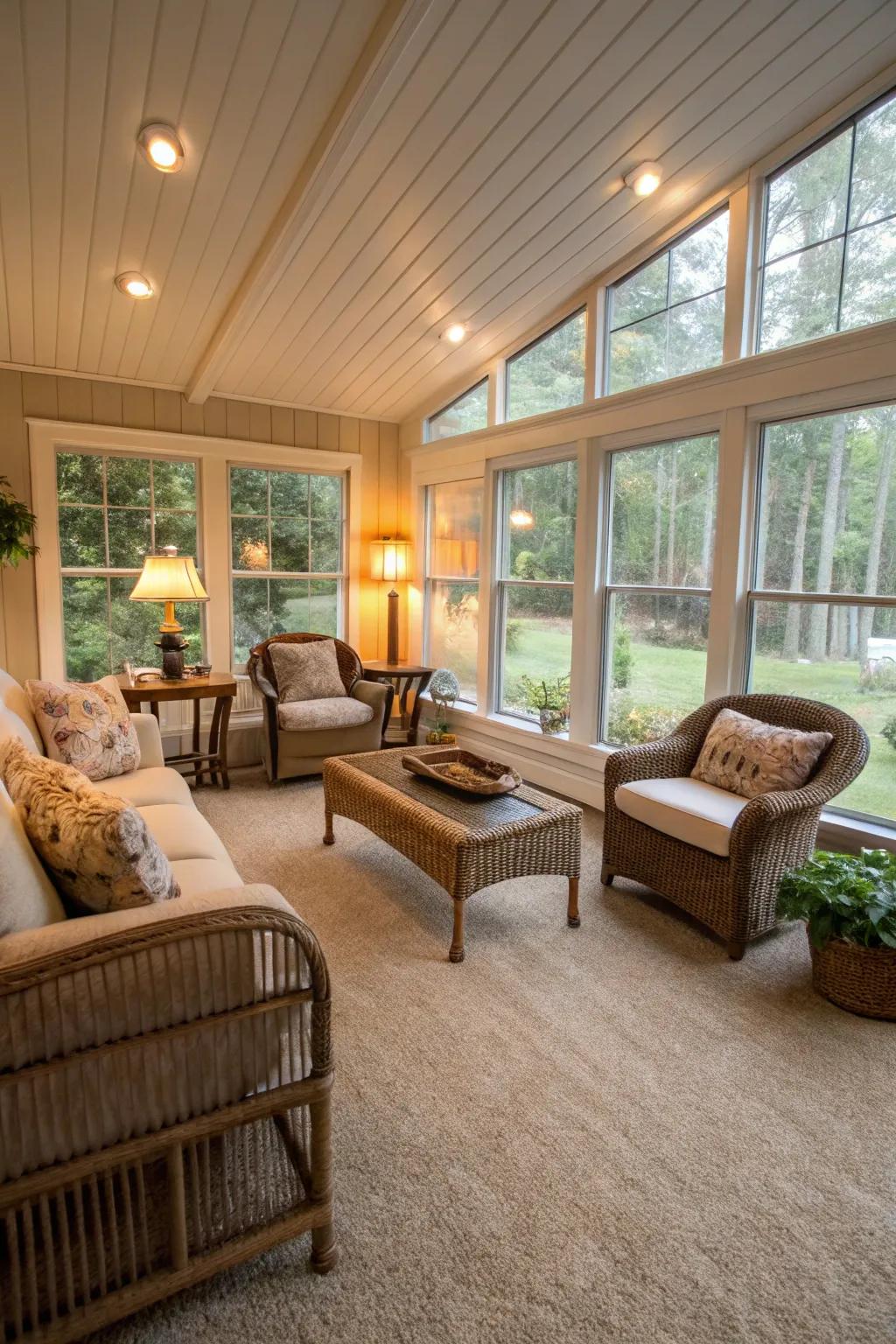 Snug sunroom displaying plush carpeting.
