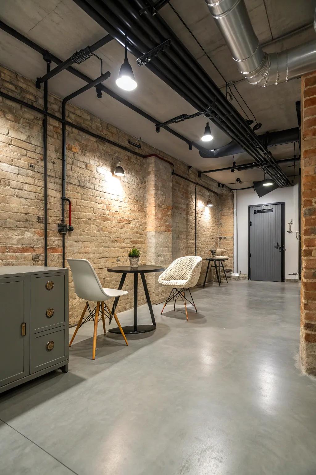 Painted hard surface floors give an urban feel to your basement.