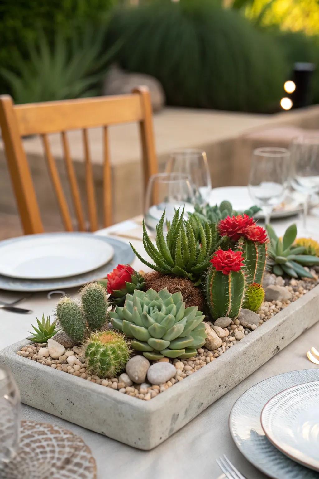 Modern greenery and spikes centerpiece, perfect for a durable and fresh aesthetic.