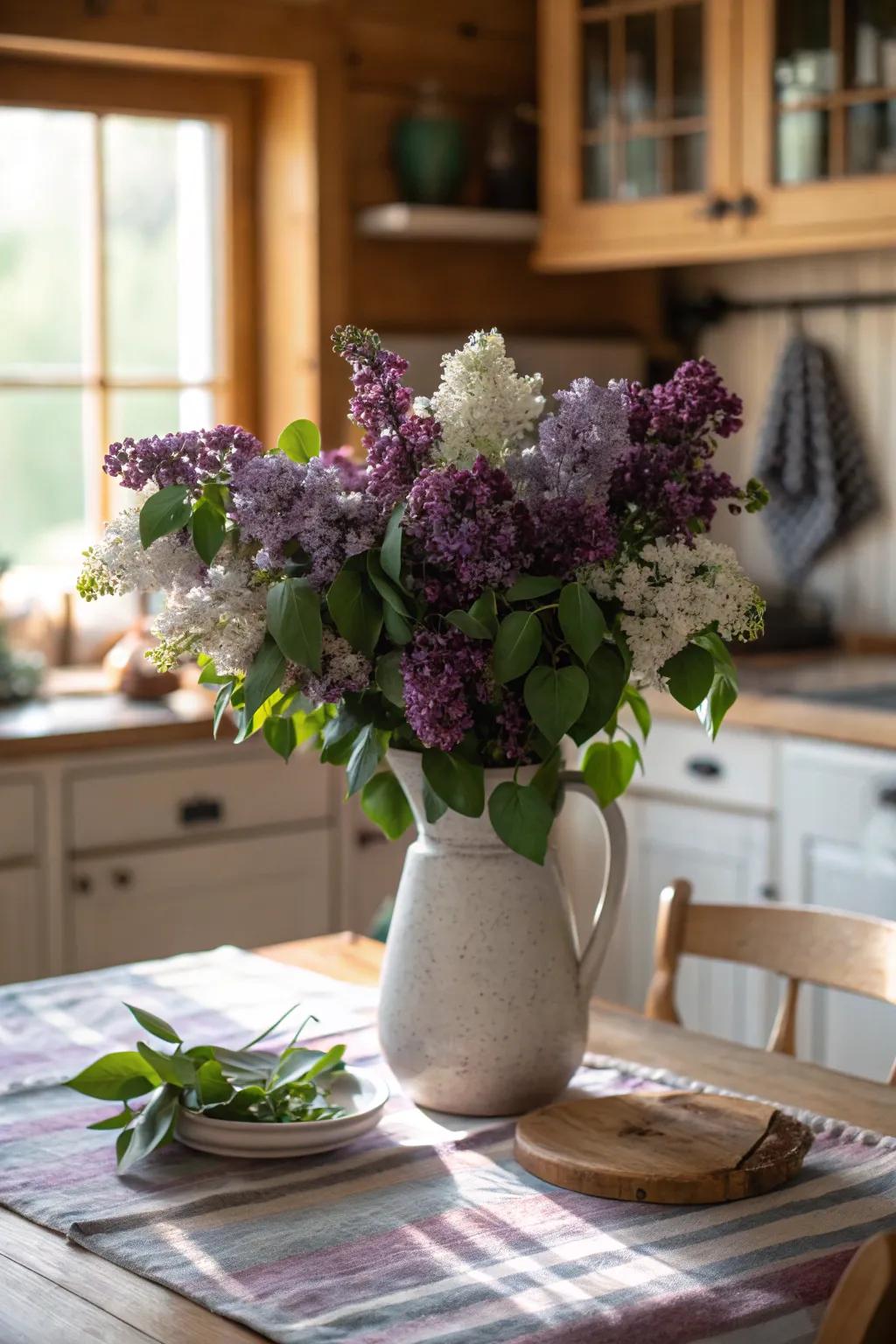 A captivating lilac and eucalyptus focal piece.