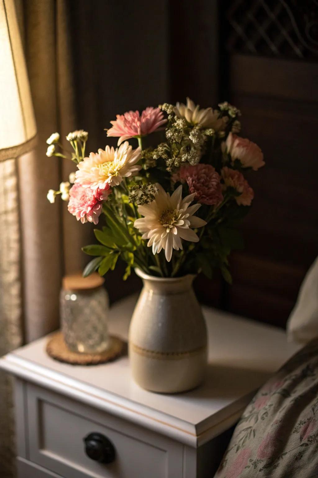 A captivating mini bouquet illuminating a cozy nightstand.