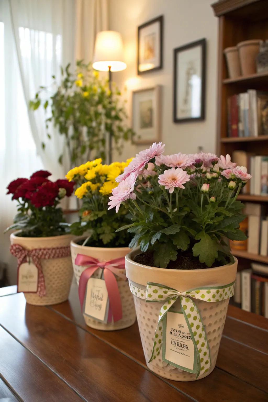 Personalized flower pots featuring beautiful ornamental features.