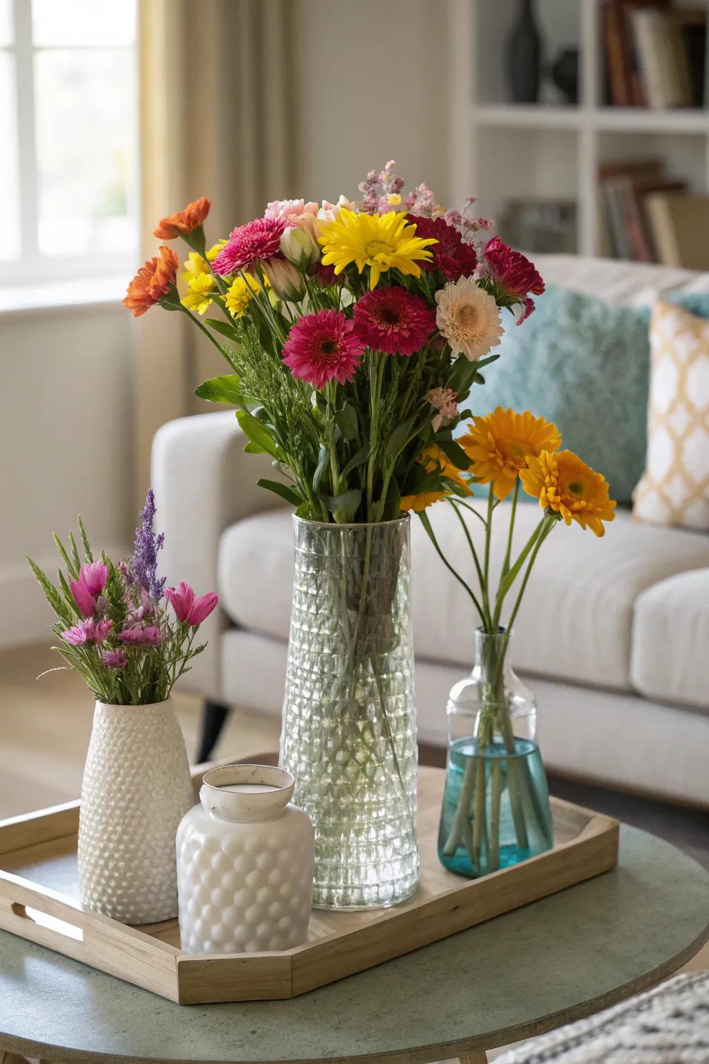 Grouped holders establish a vibrant and colorful centerpiece.