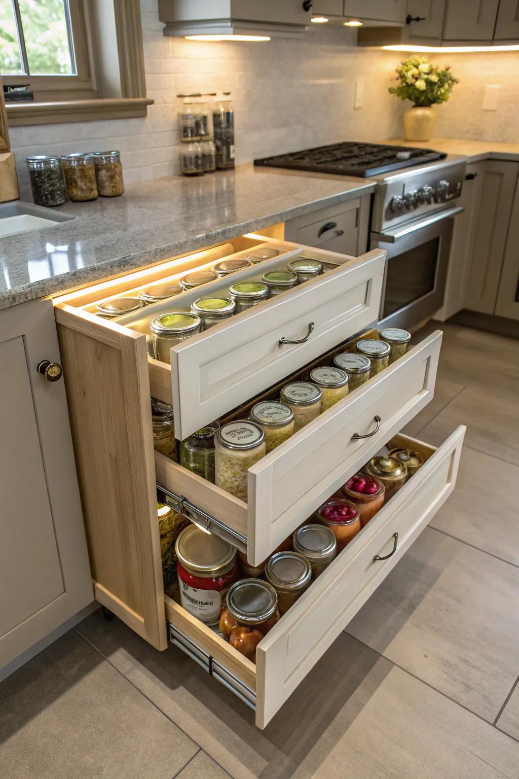 Sliding shelves promote enhanced arrangement and accessibility.
