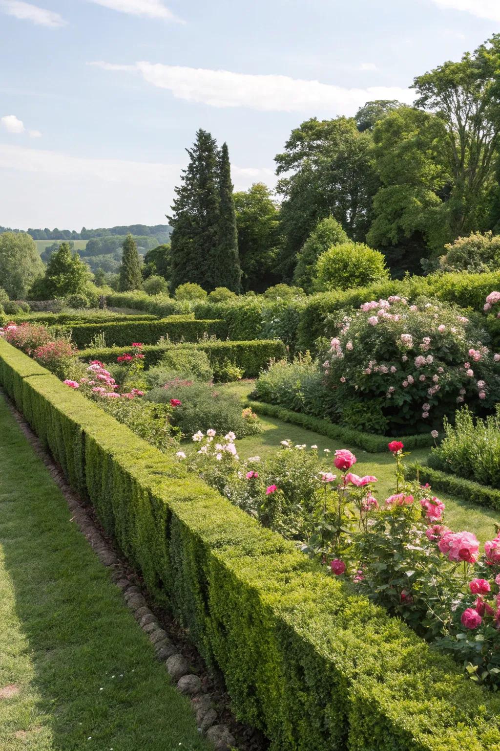 Natural hedges defining serene garden spaces.