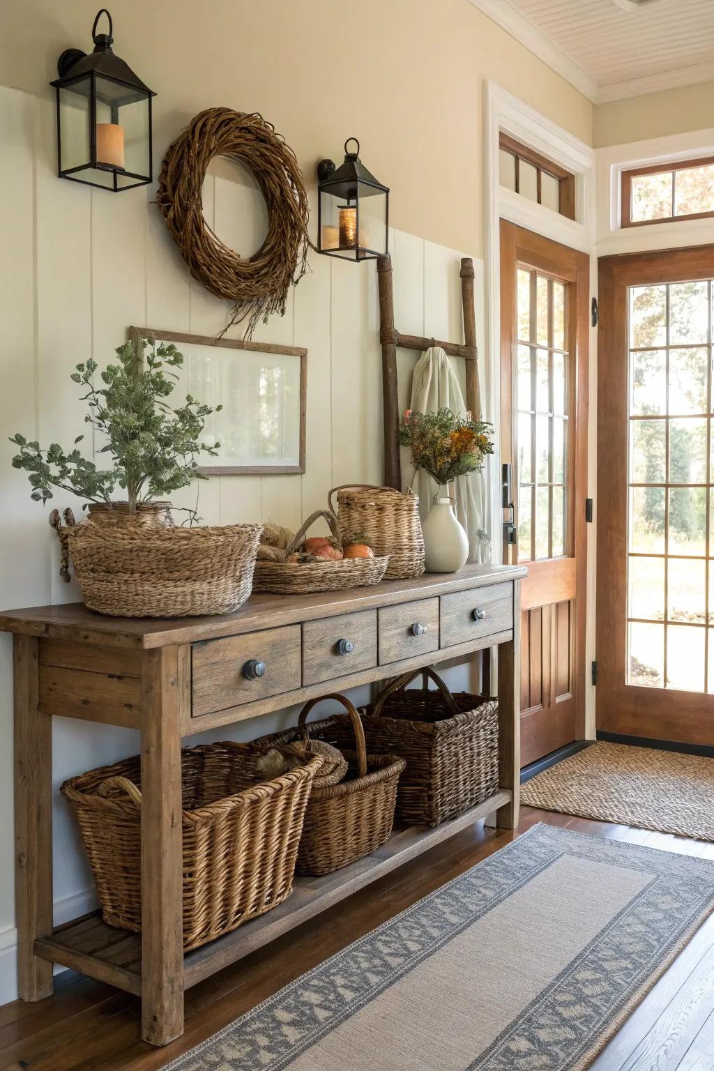 Wicker containers unite design and storage.