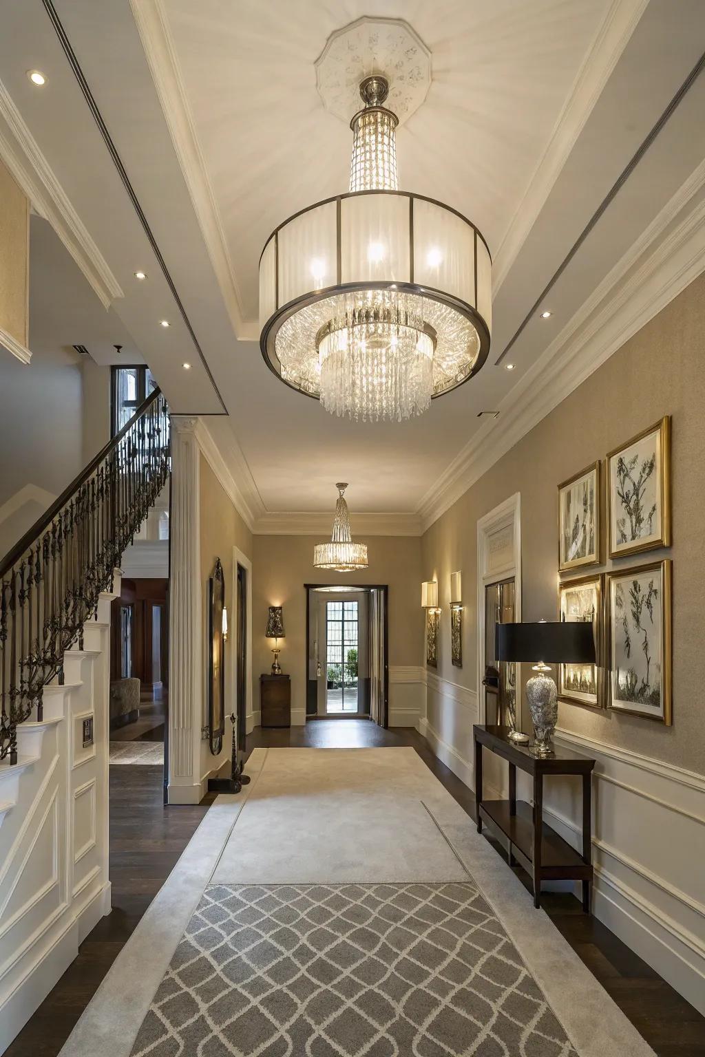 A dazzling chandelier serves as the central attraction in the foyer.