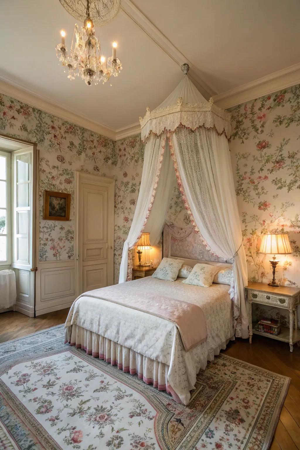 Flowered wall covering adds a hint of fancifulness to this French boudoir.