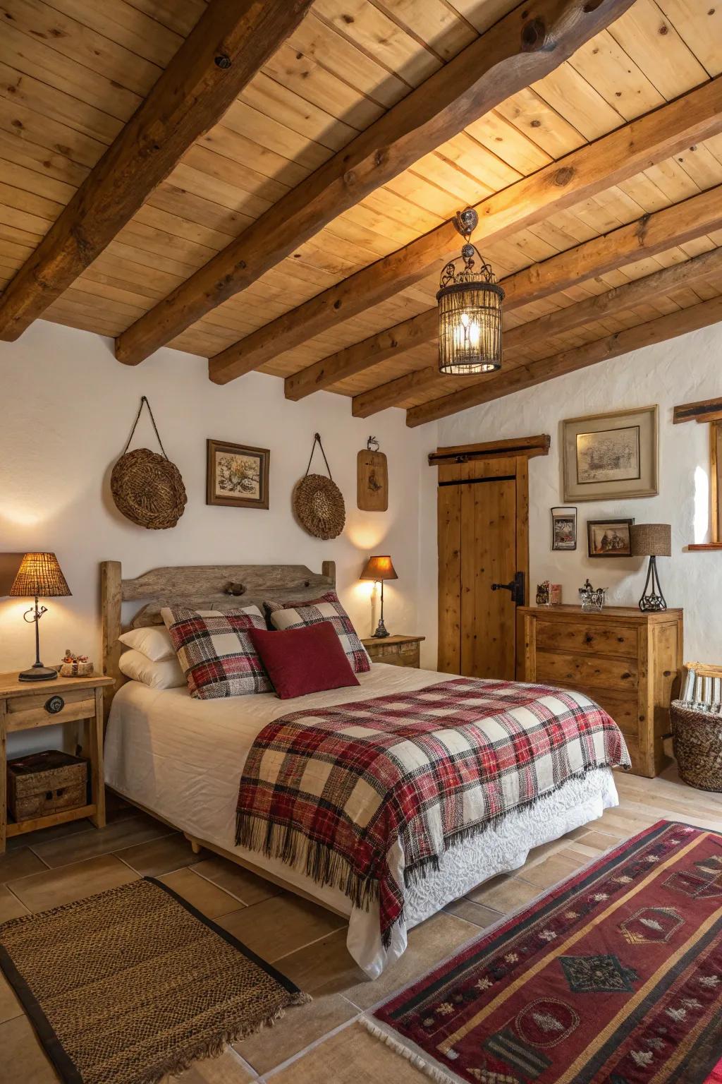 Exposed beams introduce rustic appeal and texture.