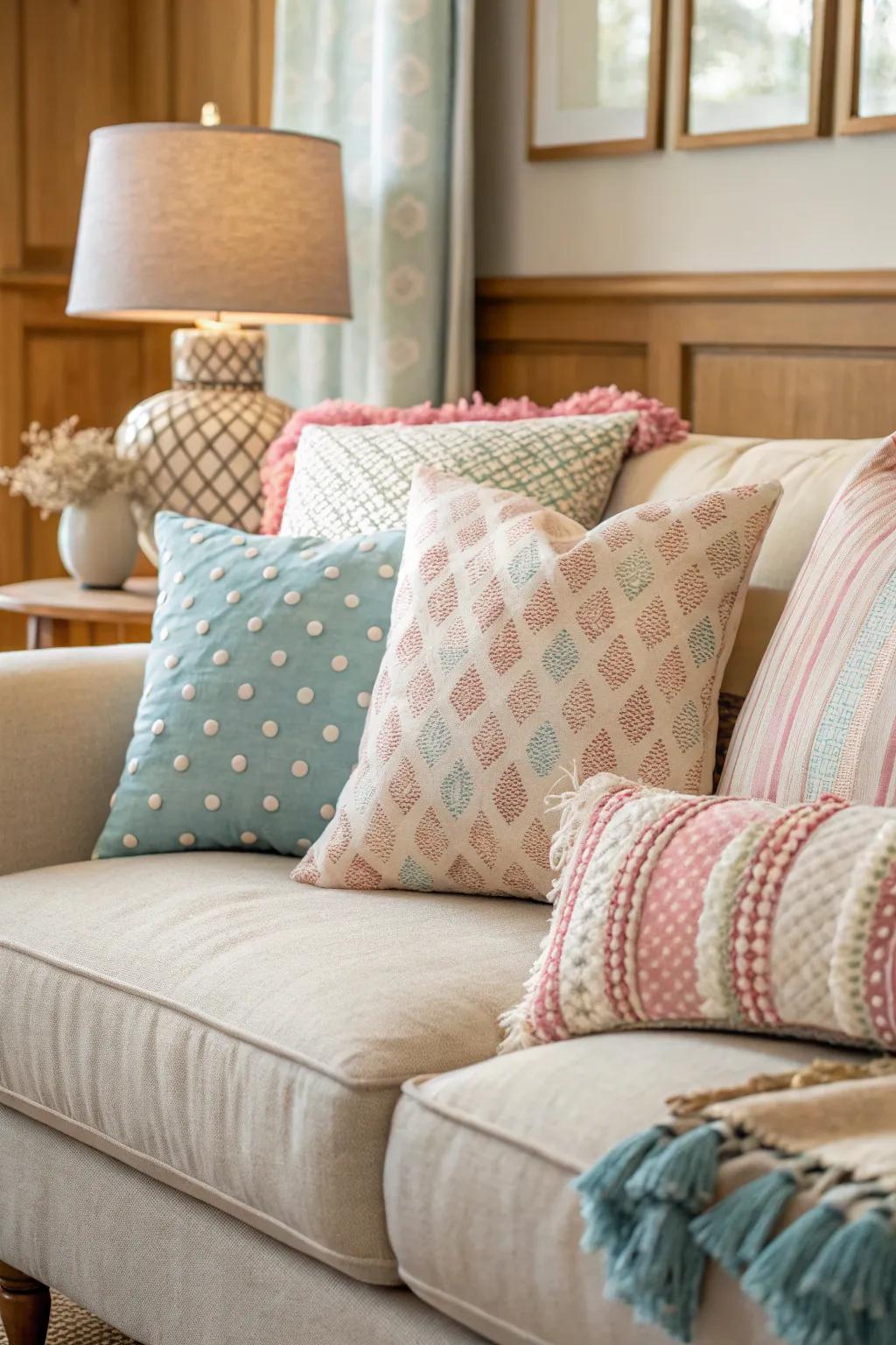 A sofa adorned with a variety of textured and patterned pillows.