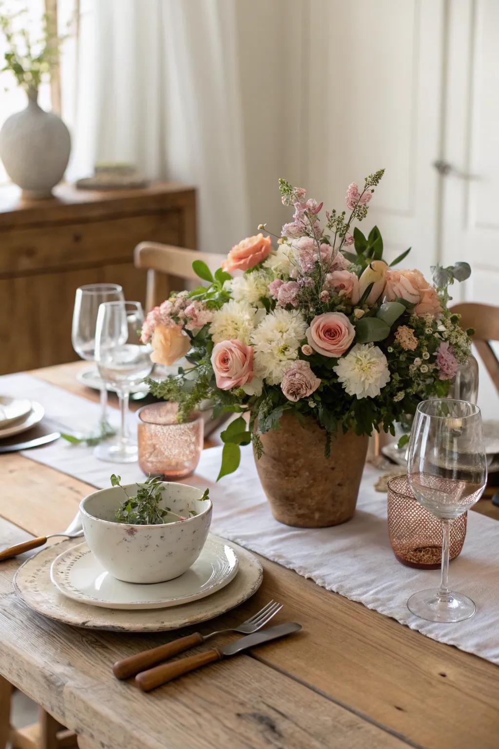 Flower decorations bring nature and color into the dining room.