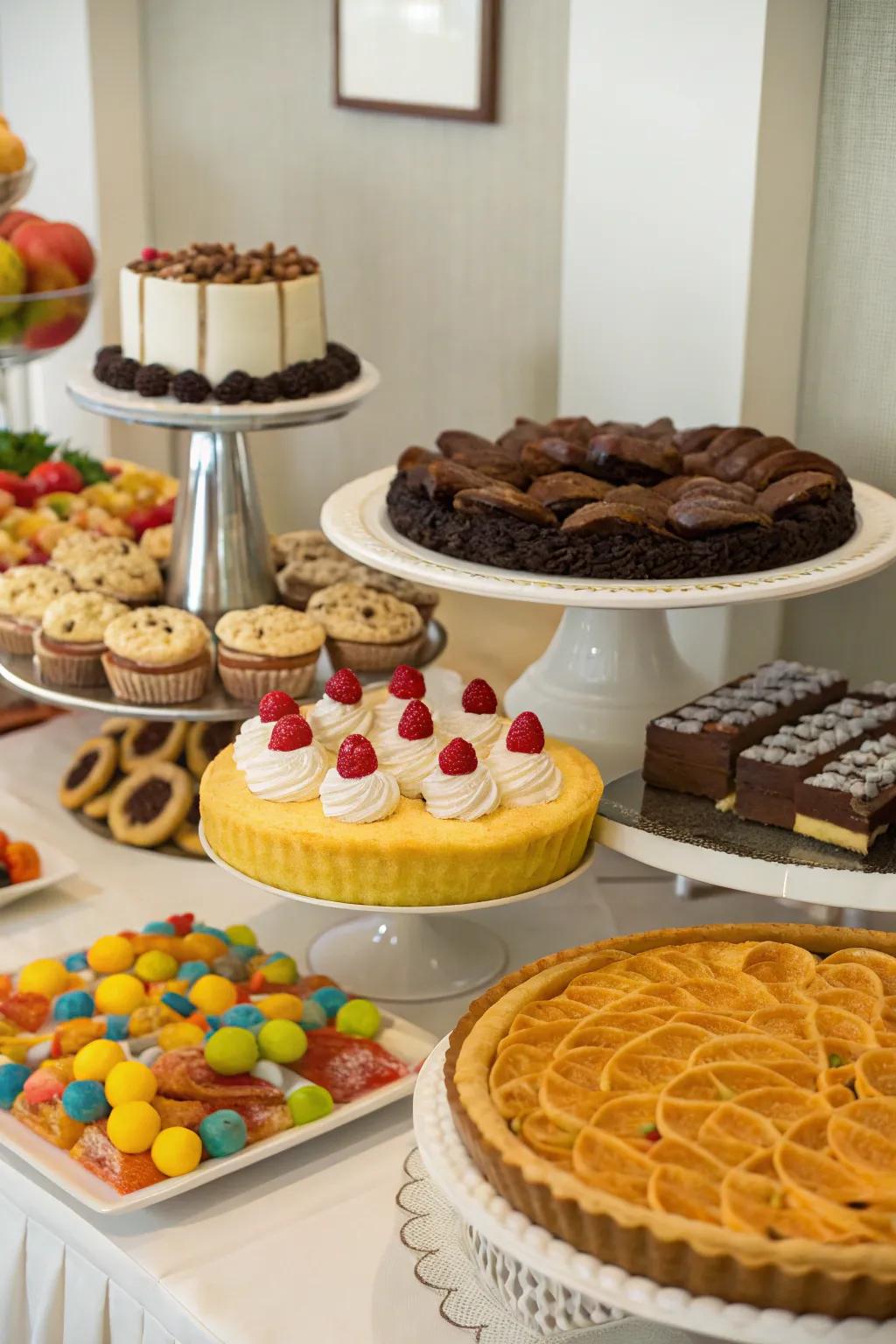 An appealing dessert station showcasing various sweet treats.