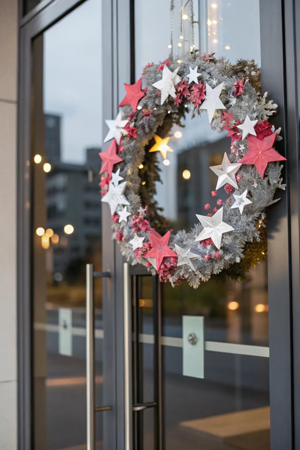 A whimsical wreath with paper stars and confetti.