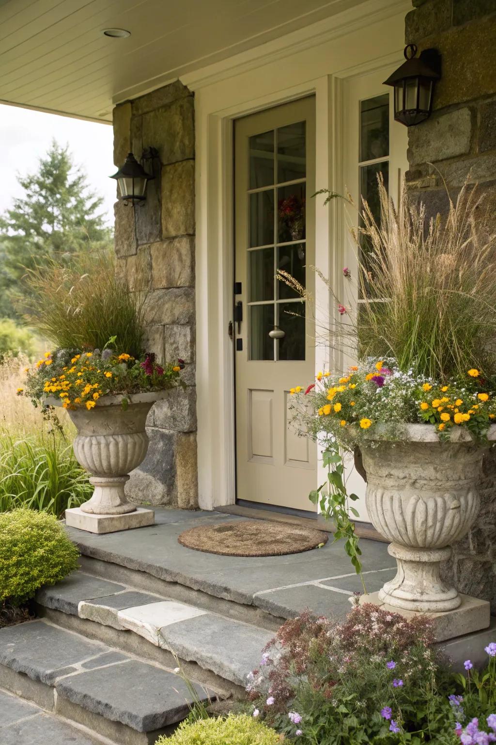 Embrace countryside charm with weathered stone and organic plantings.