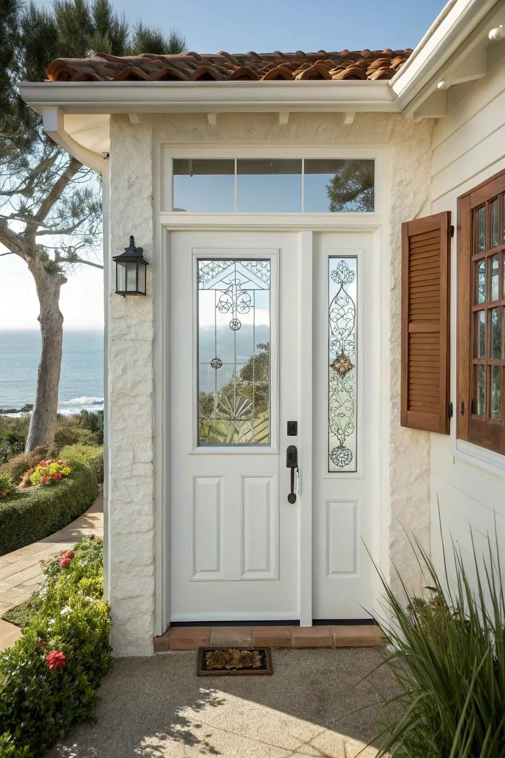 A bright white door with patterned glass for a clean, inviting entry.