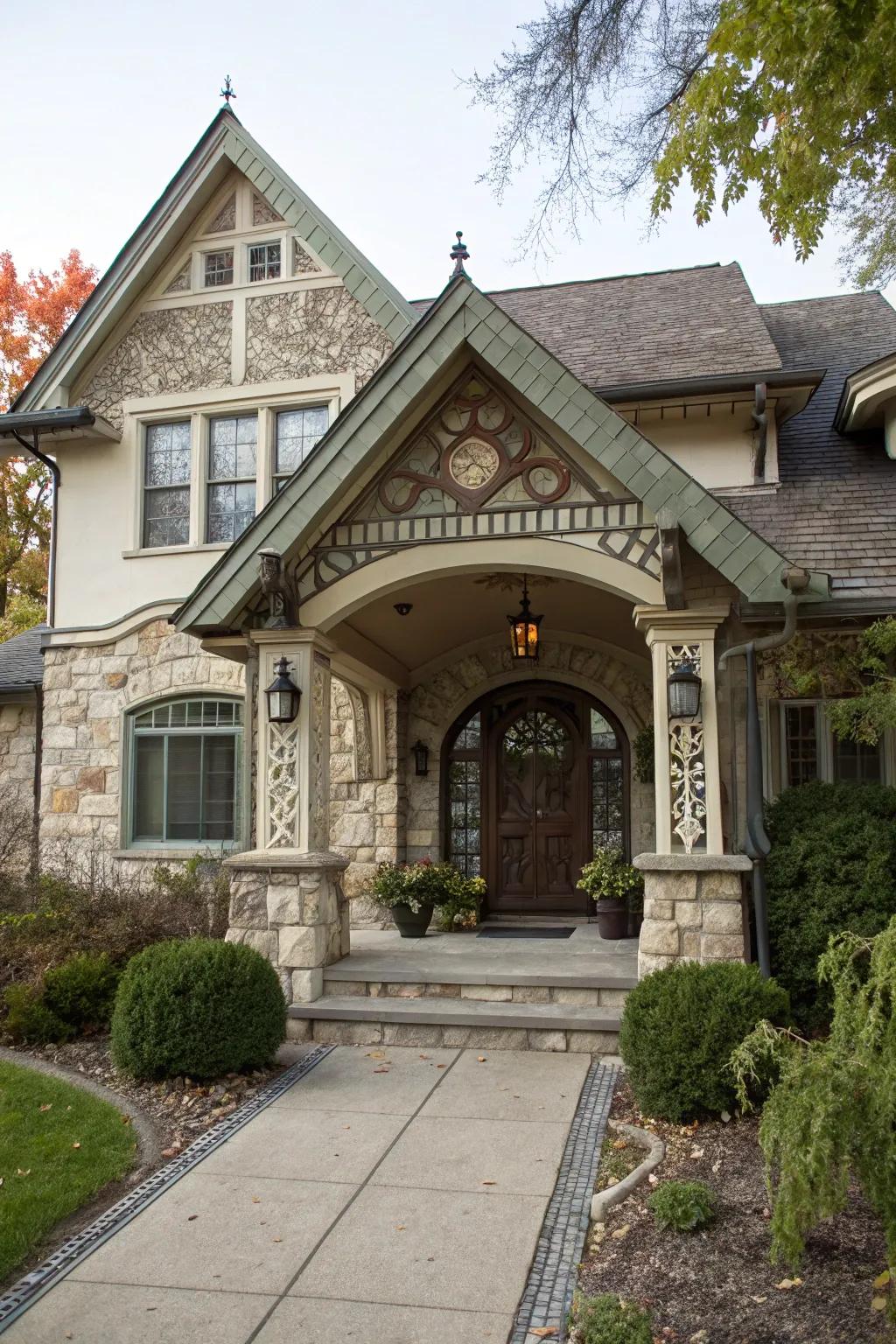 A protected entryway with a gabled roof offering both protection and flair.