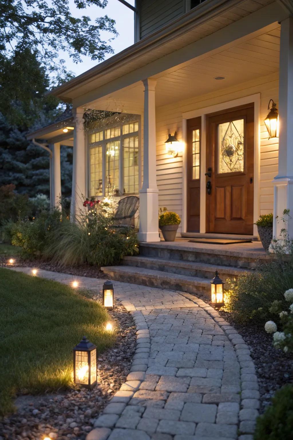 Pathway lighting guides and beautifies.