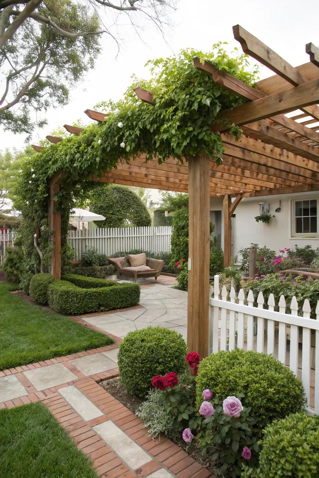 A trellis incorporates upward visual interest and encourages lush greenery.