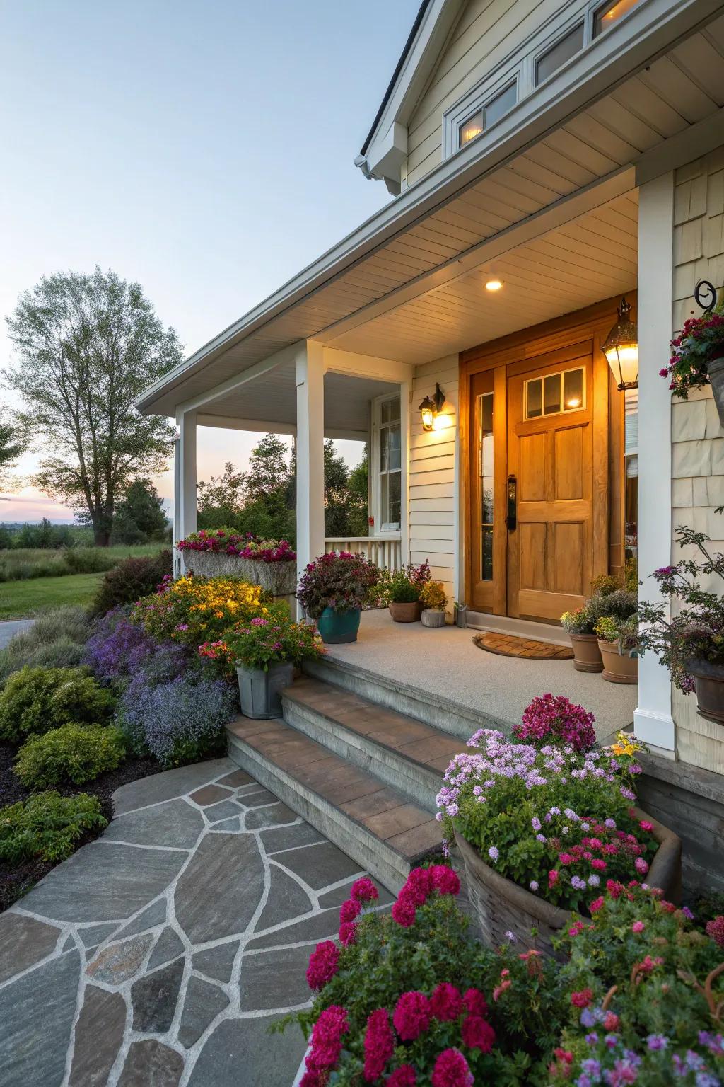 Merge your entranceway with flower spaces for a unified look.