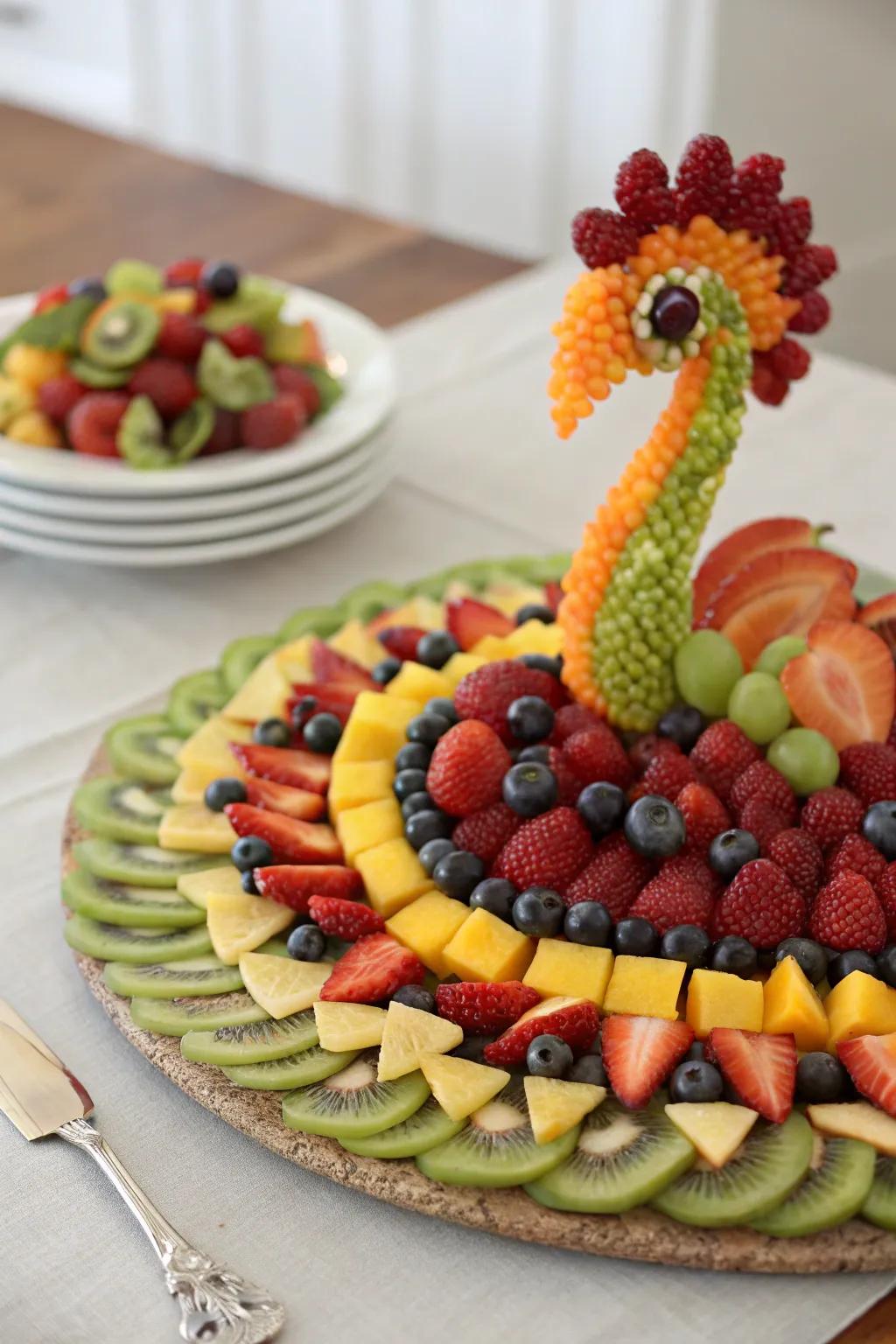 A peacock-themed fruit design is certain to leave a lasting impression.