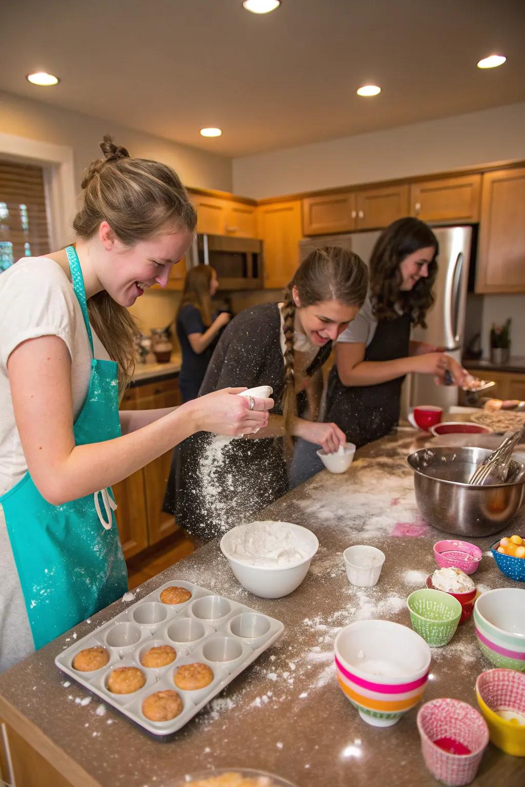 An enjoyable culinary gathering with friends crafting sweet treats.